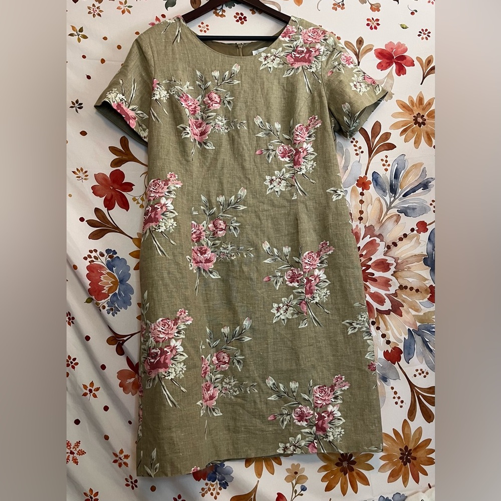Vintage Adolfo Studio 16 Tan Pink Spring Classic Floral Workwear Femme Dress